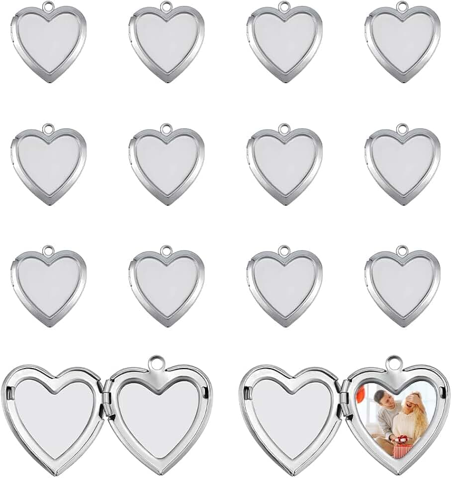 UNICRAFTALE 15Pcs Heart Photo Frame Charms Stainless Steel Picture Locket Charm Metal Locket Pendants Photo Memory Necklace Chain Bouquet Picture Charm for Women Men Wedding Jewelry Making