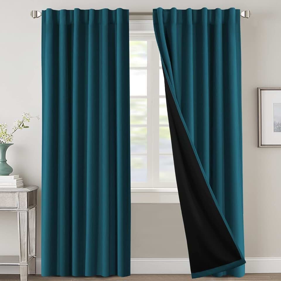 H.VERSAILTEX 100% Blackout Curtains for Bedroom with Black Liner Full Room Darkening Curtains 96 Inches Long Thermal Insulated Back Tab/Rod Pocket Window Drapes for Living Room, 2 Panels, Dark Teal