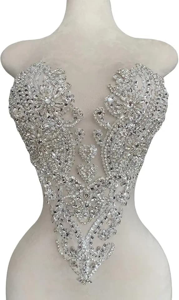 Handmade Bodice Rhinestones Applique Sewing Glass Beads Stones Crystal Trim Lace Patches for Dress Clothing Accessories 13X18inches (Silver)