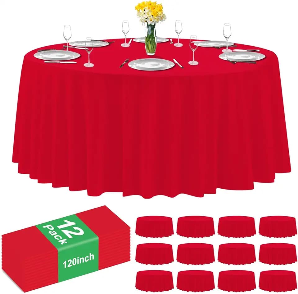 12 Pack Red Plastic Tablecloth 120 Inch Round Disposable Table Cloth, Waterproof Table Cover for Christmas, Valentine's Day, Birthdays & Weddings