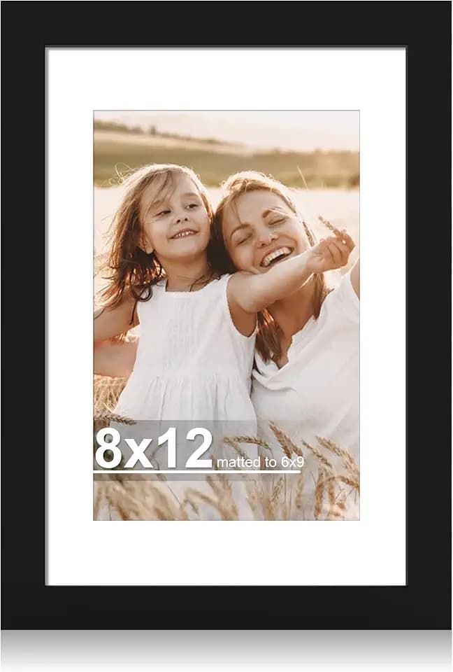 Hongkee 8x12 Picture Frame with Real Glass, Wood Frame 1 Pack(with Mat 6x9)
