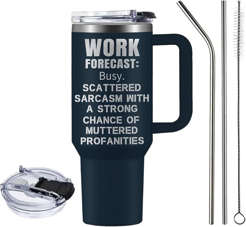 Work Forecast Busy Tumbler Cup 40 oz, Funny Coworker Gifts for Men Birthday Present for Boss Employer Work Bestie Friend Mug, Sarcastic Gag Gifts for Adults Work Going Away Farewell