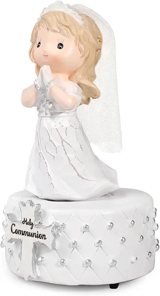 Holy Communion Girl Figurine with Resin Music Box, Praying Girl Collectible Figurines for Christian Gifts, Baptism, First Communion, Easter, Confirmation