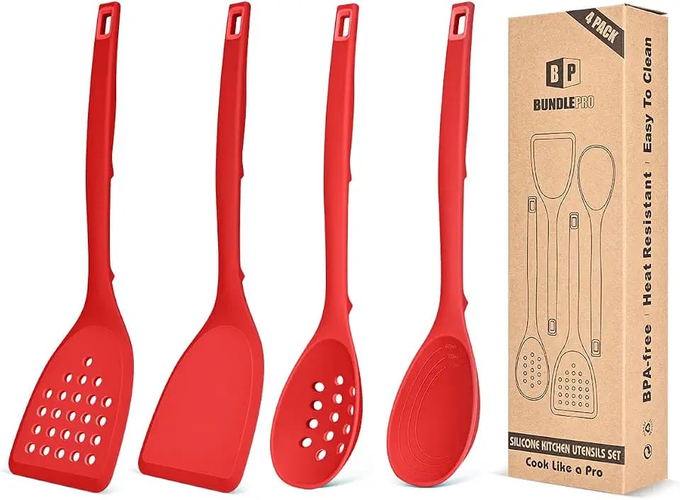 BUNDLEPRO Silicone Cooking Utensils Set, 4 Pcs Spatula and Spoon Set, Red