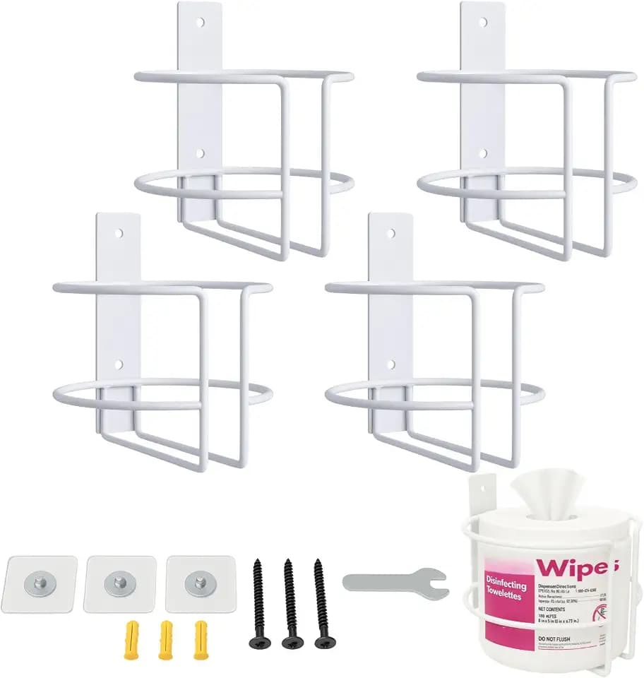 Wall Mount Cleaning Wipes Holder for Clorox & Lysol Wipe Canisters, 4 Pack Metal Wipes Canister Wall Bracket Fits up to 5.2" Diameter, Adhesive or Screw Mount Organizer for Kitchen Bathroom Gym Office