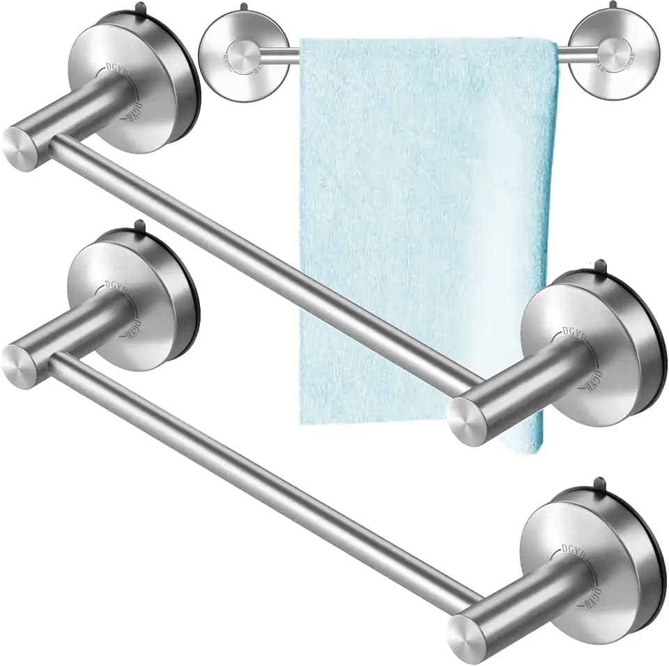 DGYB Suction Cup Towel Bar for Bathroom 17 Inch Set of 2 Brushed Nickel Towel Holder Stainless Steel Premium Kitchen Towel Rack Wall Mounted