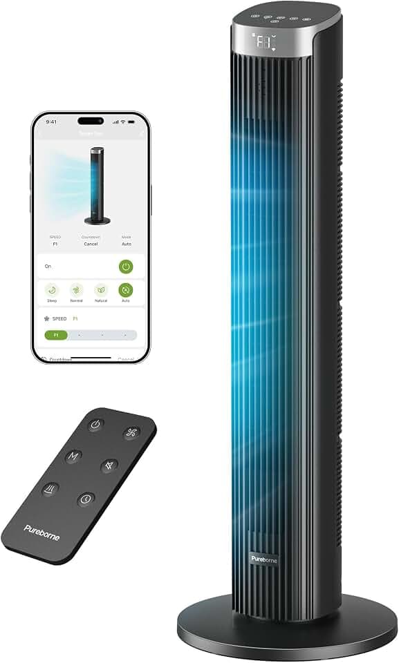 Tower Fan for Bedroom, 23dB, 90°oscillating, Smart Control, Black