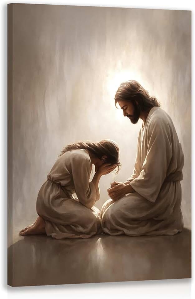 FASWQ Wrapped Canvas Jesus Comforting Woman Christian Wall Art 12x16 in