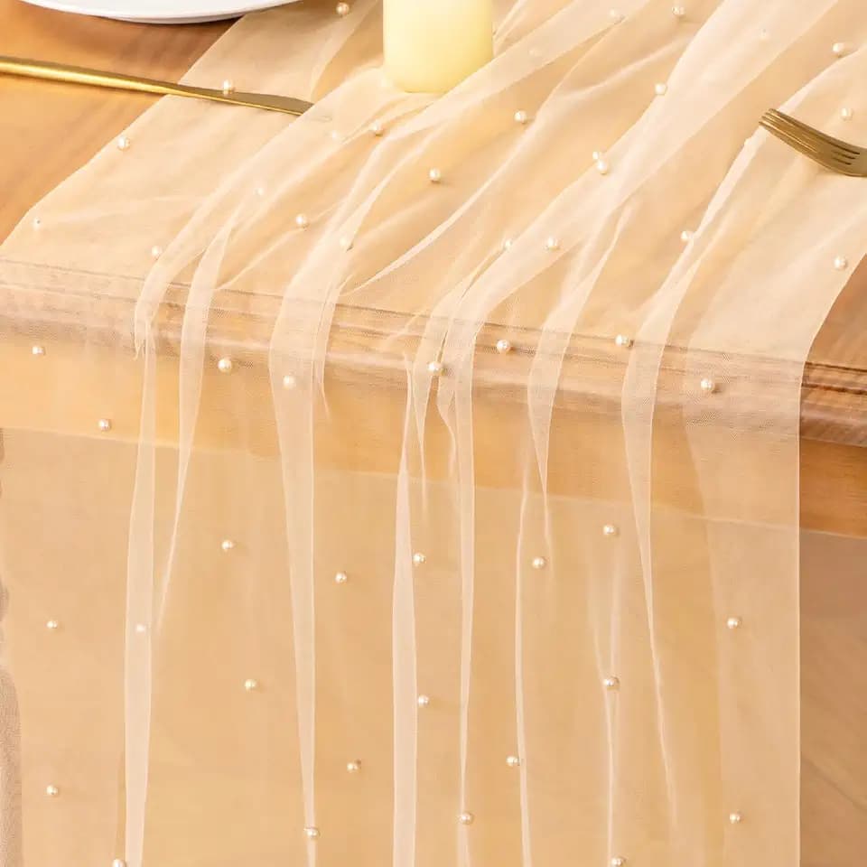 MLMC Champagne Pearl Table Runner Sheer Tulle Table Runner 10Ft, 3 Pack