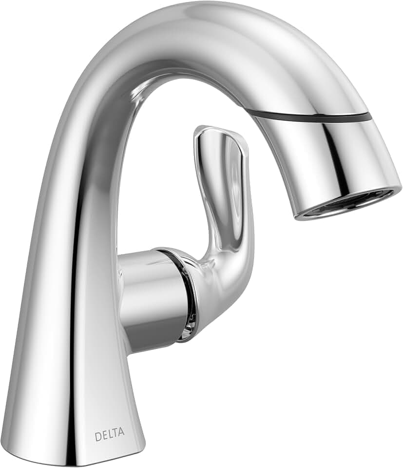 Delta Arvo 1 Hole Pull Down Bathroom Faucet with Sprayer, Chrome Single Hole Bathroom Sink Faucet with Pull Out Sprayer for Vanity, Metal Push-Pop Drain, Chrome 15840LF-PD