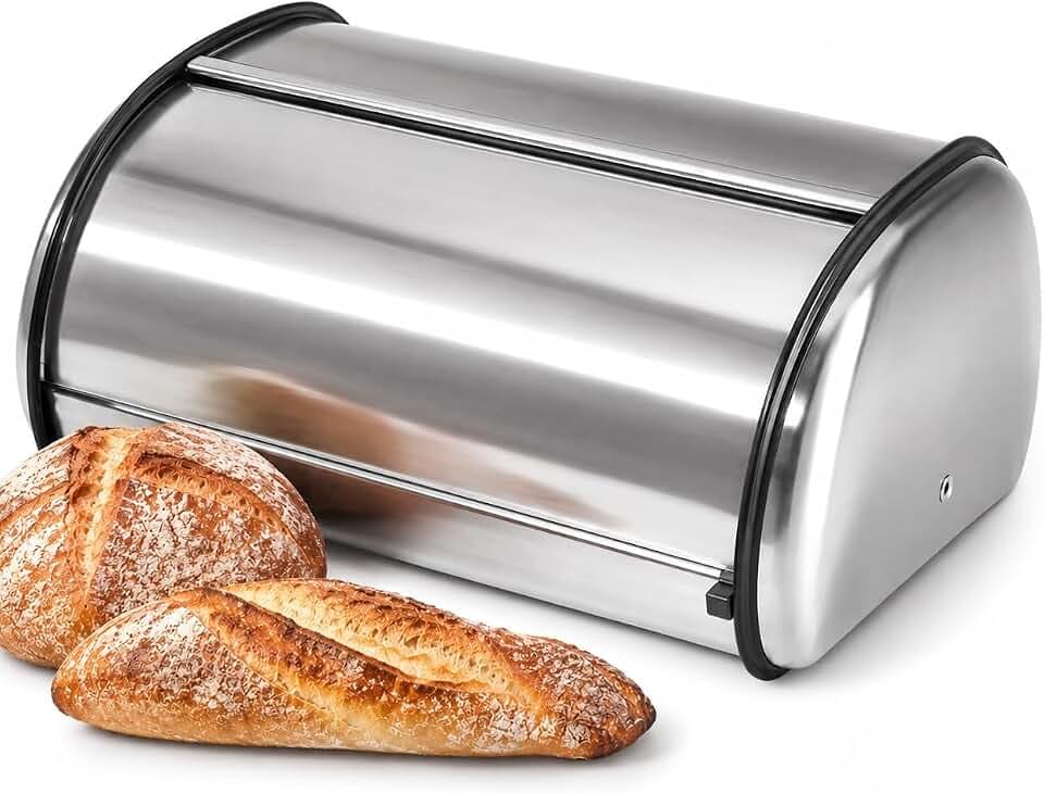 Oggi Stainless Steel Roll Top Bread Box for Kitchen Countertop with Stainless Steel Lid - Fits Multiple Large Loaves of Bread and Other Freshly Baked Goods Including Cookies, Bagels, Muffins