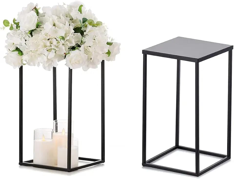 Sziqiqi Black Geometric Centerpiece Column Flower Stand with Plate, 2Pcs