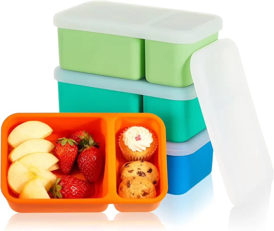Roshtia 4 Pack Silicone Food Containers with Lids, Reusable Thickened Bento Lunch Box Packs for Meal Prep Food Storage, Microwave Dishwasher Safe(2 Compartment,Light)
