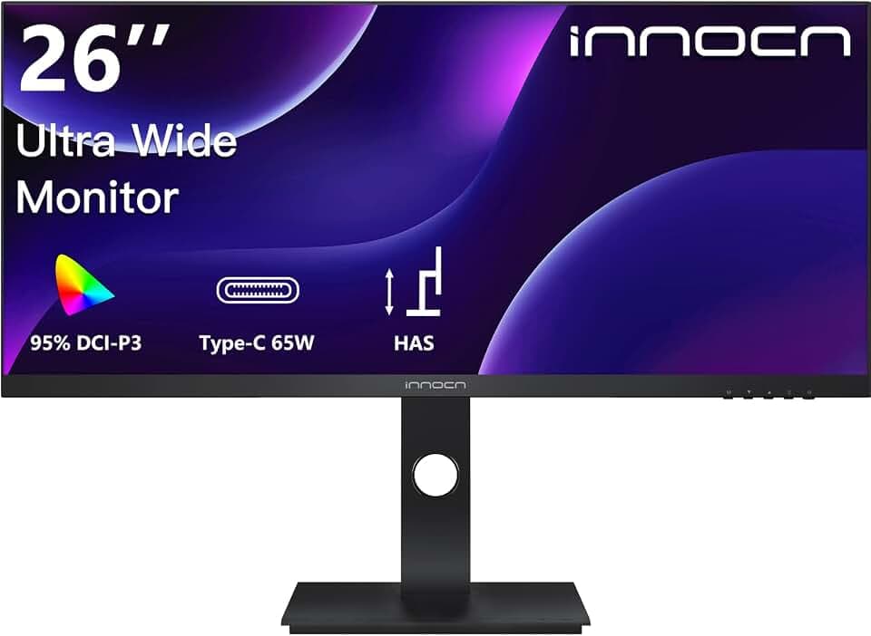 INNOCN Ultrawide Monitor 26 Zoll, UWFHD 60Hz IPS Bildschirm, Farben Calibrated Professional Monitor, 21:9, Adaptive sync, (USB-C, HDMI, DisplayPort) Höhenverstellbar, 12 Monate Garantie,26C1F-D