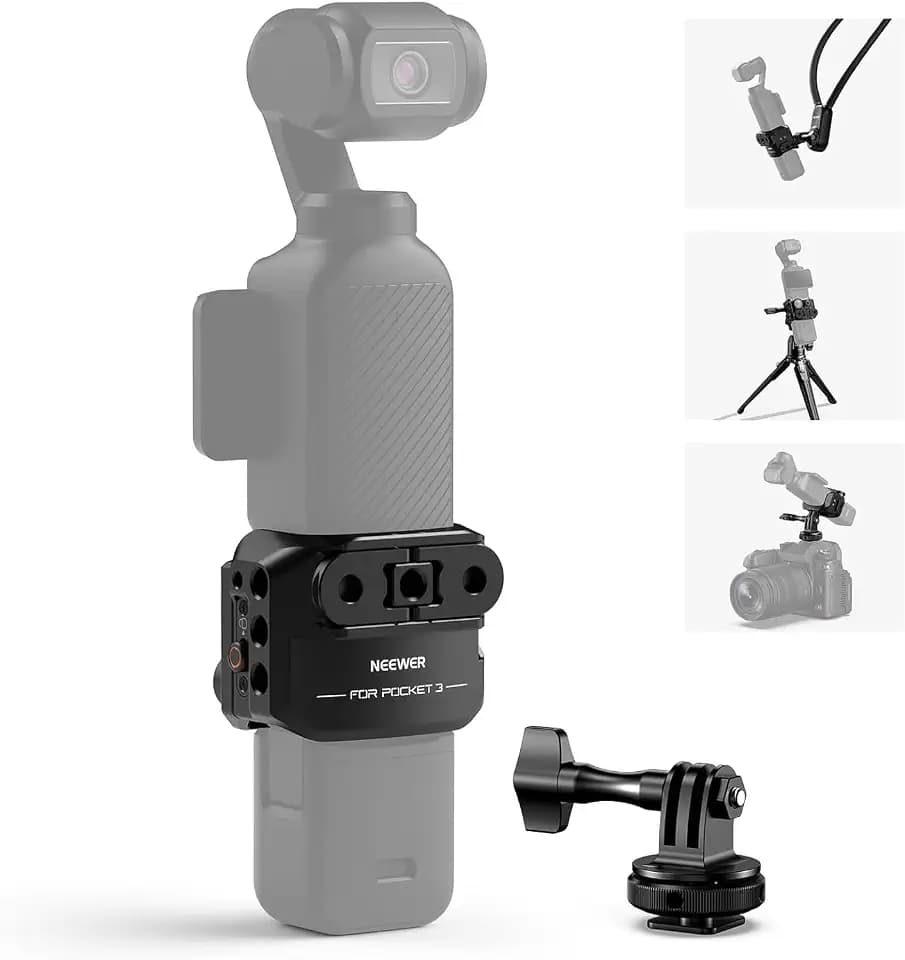 NEEWER Pocket 3 Käfig Gimbal Videoaufzeichnung Gerät aus Aluminiumlegierung mit Action Kamera Verlängerung Adapter, 1/4" Gewinde, Cold Shoe, kompatibel mit DJI Osmo Pocket 3 Creator Combo AC009