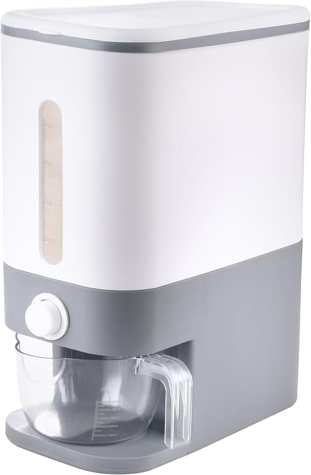 Rubtlamp 22.5-25 Lbs Gray Rice Dispenser, Rice Container with Lid, Rice Storage Container with Measuring Cup, Food Dispenser Rice Container, Storage Container for Cereal, Household Rice Bucket