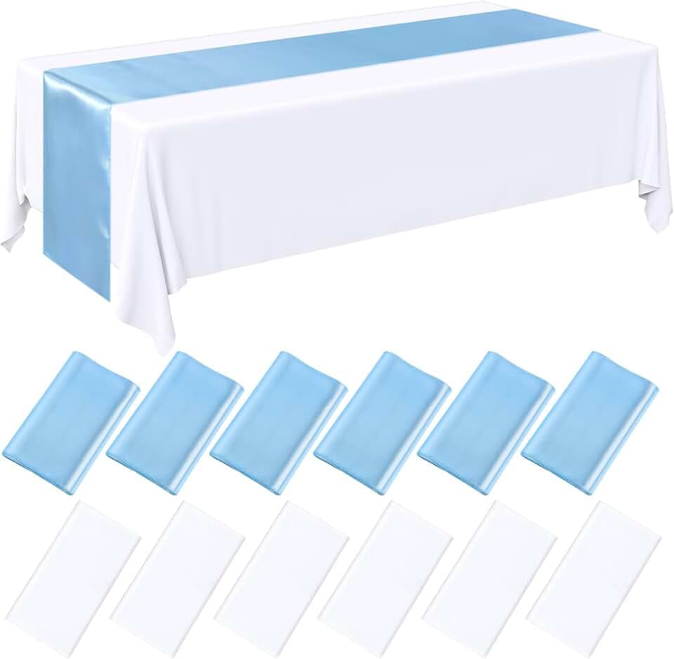 Tudomro 12 Pcs White and Blue Plastic Tablecloths and Satin Table Runner