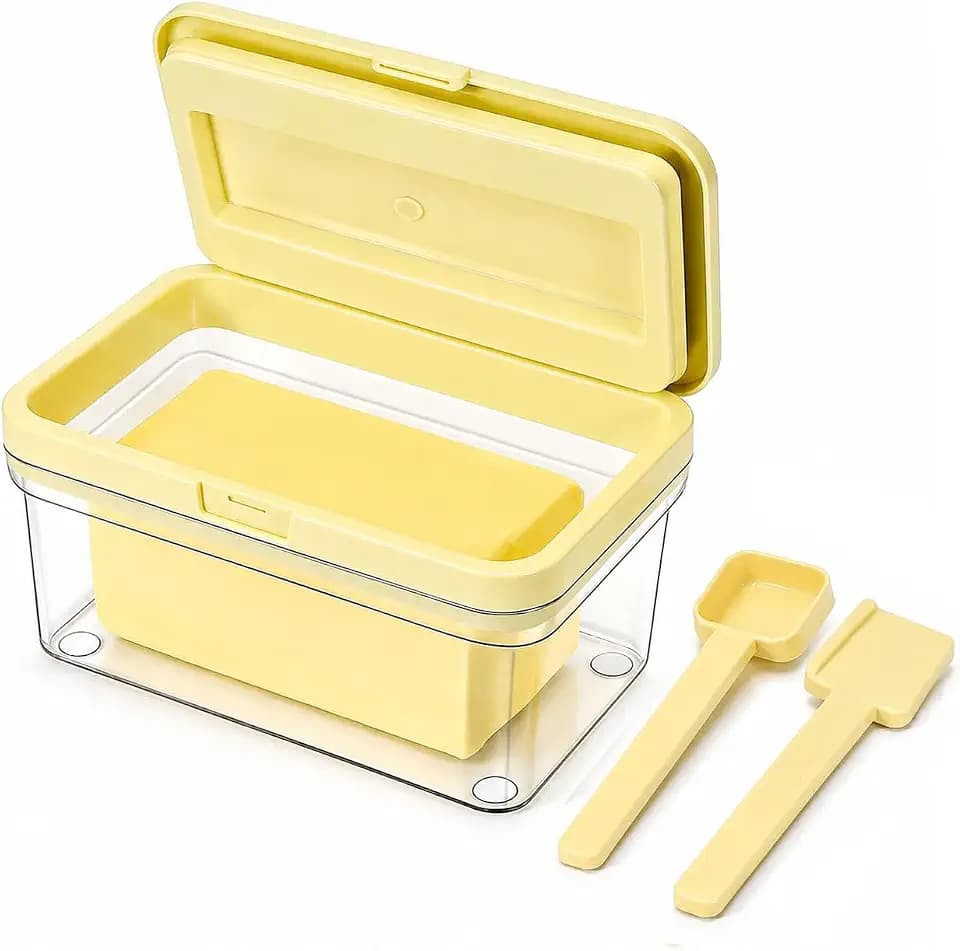 850ML Plastic Butter Dish with Lid, Magnetic L-Shaped Butter Knife & Spoon