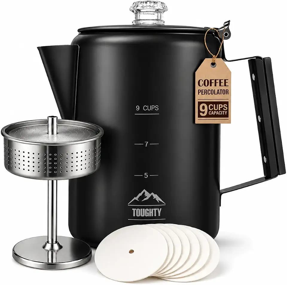 Toughty Yosemite Stovetop Coffee Percolator, 9 Cup, Black Matte