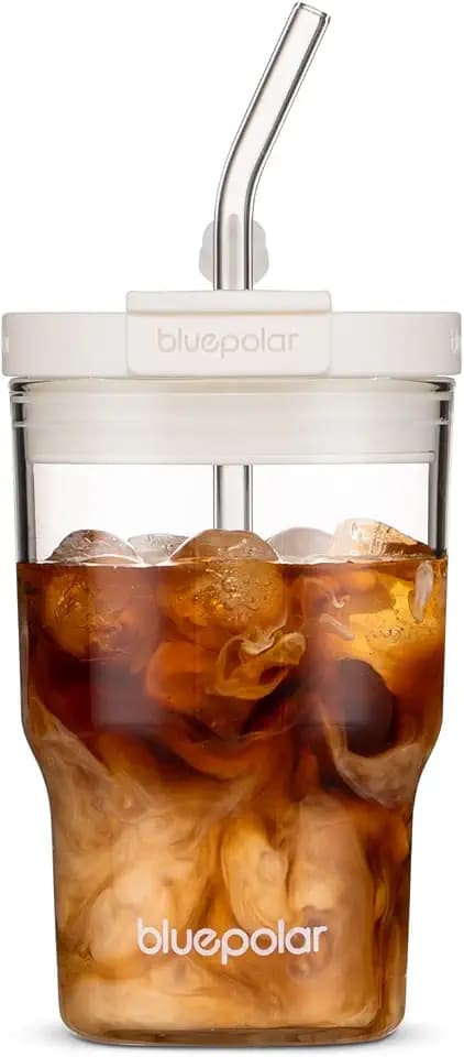 BLUEPOLAR 16oz/480ml Iced Coffee Cups With Lids And Straws,Reusable Leakproof Glass Tumbler,Water Bottles,Cold Brew,Drinking Jars For Juicing,Matcha,Tea,Smoothie For Travel,Office (Off-White)