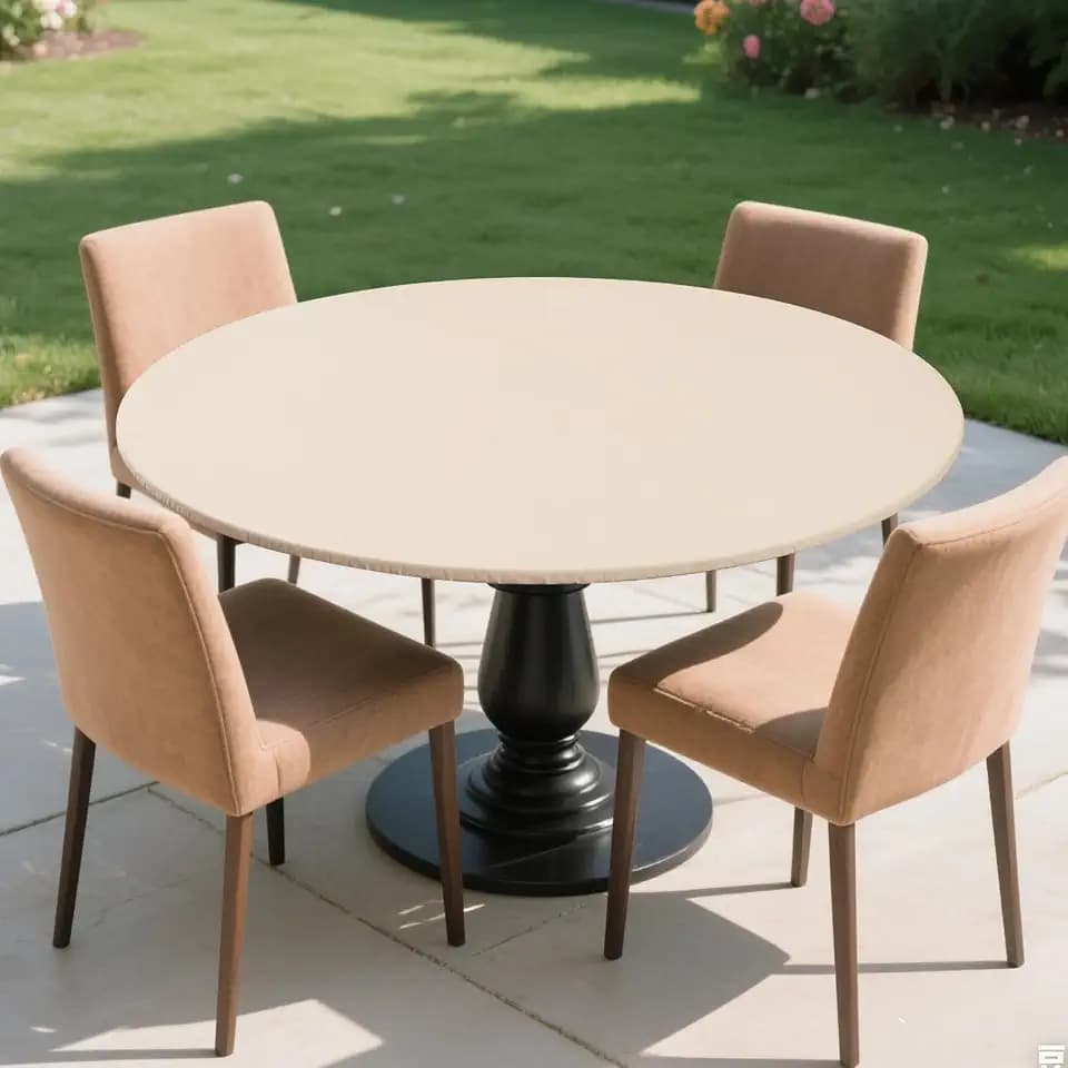 Beige 39"-44" Elastic-Fitted Round Flannel-Backed Vinyl Tablecloth