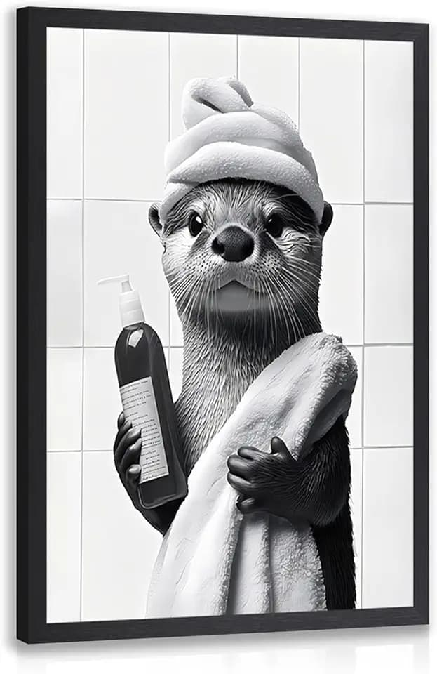 kilamino Wood Framed Funny Otter Bathroom Wall Art 16x24 in