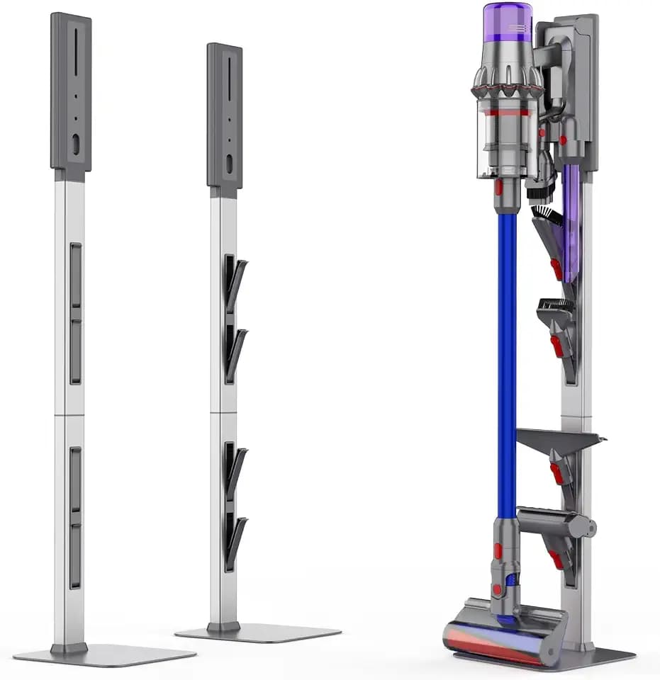 Vacuum Stand Compatible with Dyson Cordless Vacuums, Freestanding No-Drill Floor Dock with Foldable Accessory Hooks, Heavy-Duty Carbon Steel Base and Cable Management, White