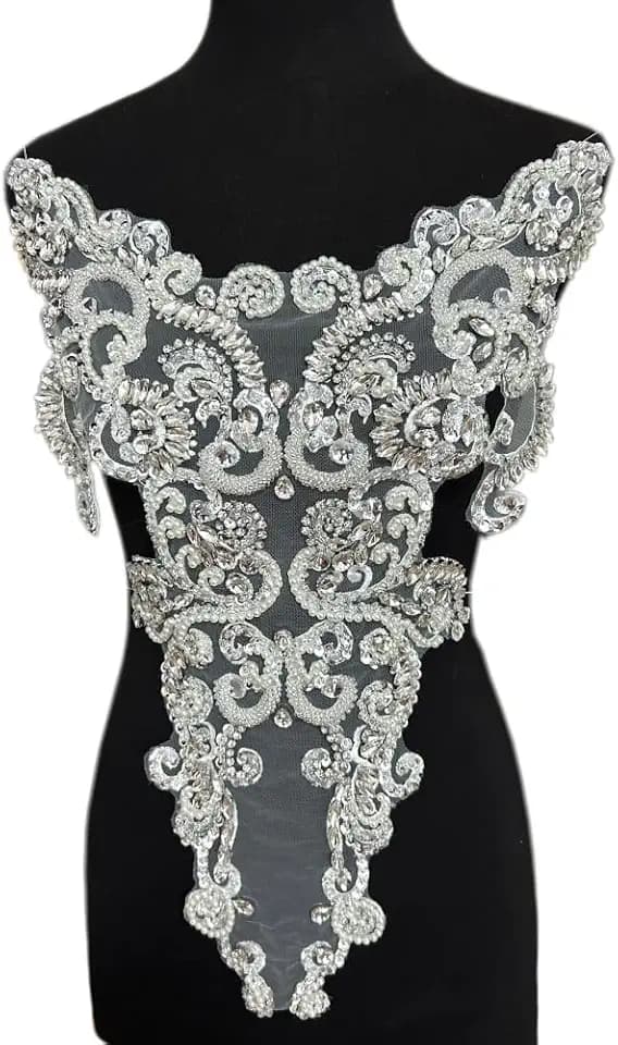 Large Crystal Rhinestone Bodice Applique Full Body,Glass Beaded Patches for Birthday Prom Dress Clothes Accessories (Silver)