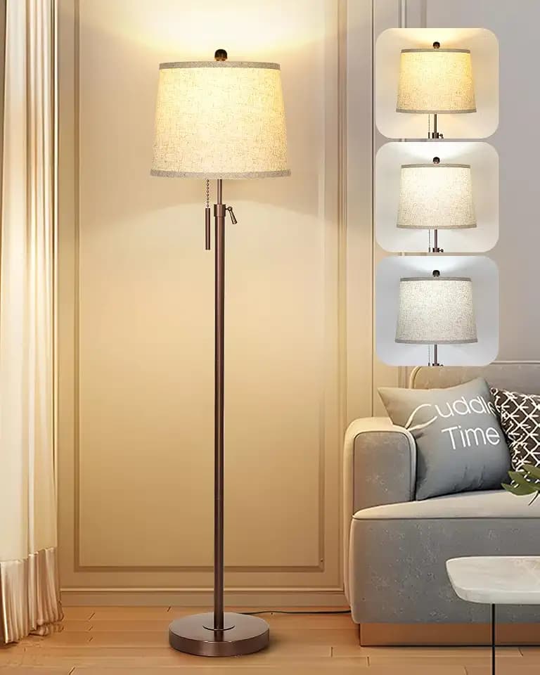 JUNNAI Modern Floor Lamp Adjustable Height Standing Lamp Tall Lamp with 3 Color Temperatures Floor Lamps for Living Room Bedroom Office Beige Shade Bulb Included-Brown