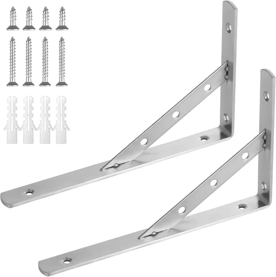 Shelf Brackets 10 Inch,2Pack Solid L Brackets Heavy Duty Shelf Brackets,90 Degree Triangle Stainless Steel Angle Bracket Max Load 440lbs, for DIY Shelf Brackets & Supports (Silver)