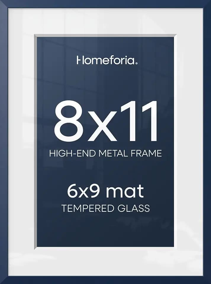 Homeforia 8x11 Blue Picture Frame, High-End Metal, 6x9 Mat, Glass