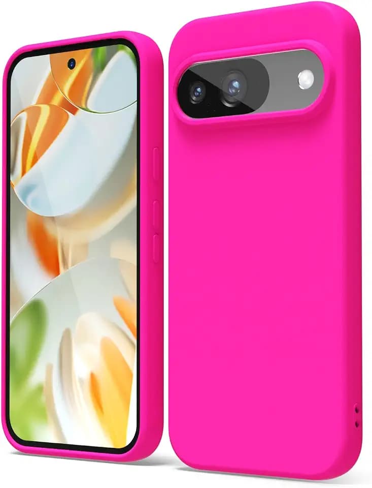 oakxco for Google Pixel 9/9 Pro Phone Case Liquid Silicone, Thin Slim Soft Rubber Gel TPU Plain Protective Simple Cover for Girl Cute, Hot Pink