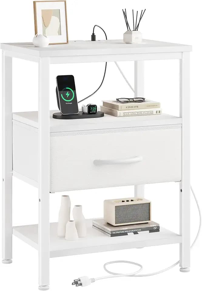 DUMOS Nightstand with Charging Station, Bedside Table with Fabric Drawers