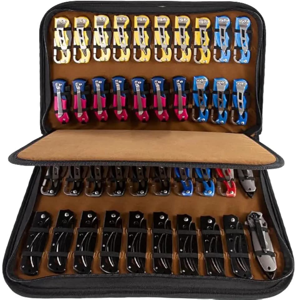 40-Slot Brown Pocket Knife Display Case Folding Tactical EDC Organizer