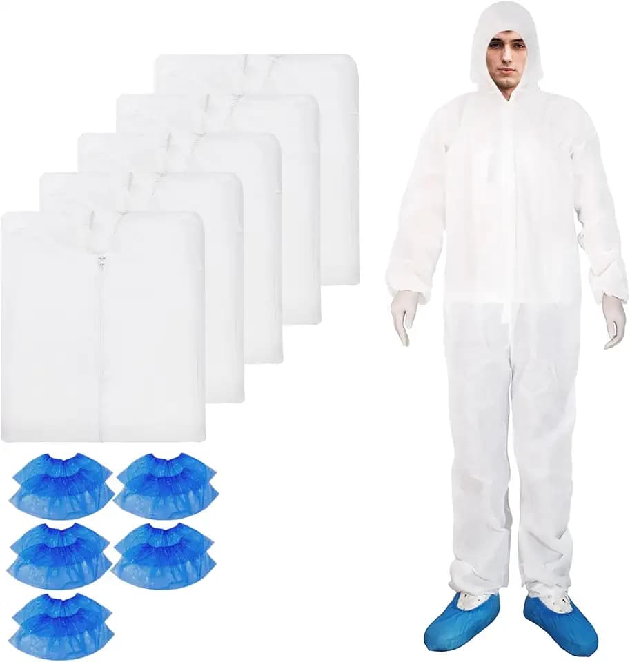 ETERNA Hazmat Suits- 5 Pack Disposable Protective Coveralls with Hood, Zipper, Elastic Wrists, Shoe Covers for Men & Women, Shield from Dirt, Dust, Paint (White, XX-Large)