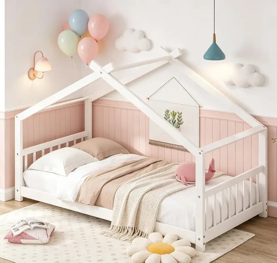 Bellemave Twin Montessori Floor Bed,House Bed with High Headboard,Twin Floor Beds with Roof, White