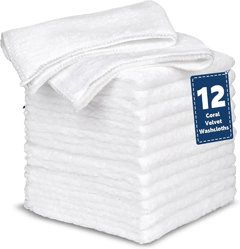 TEAWOO Coral Velvet White Washcloths 12 Pack, Highly Absorbent and Soft