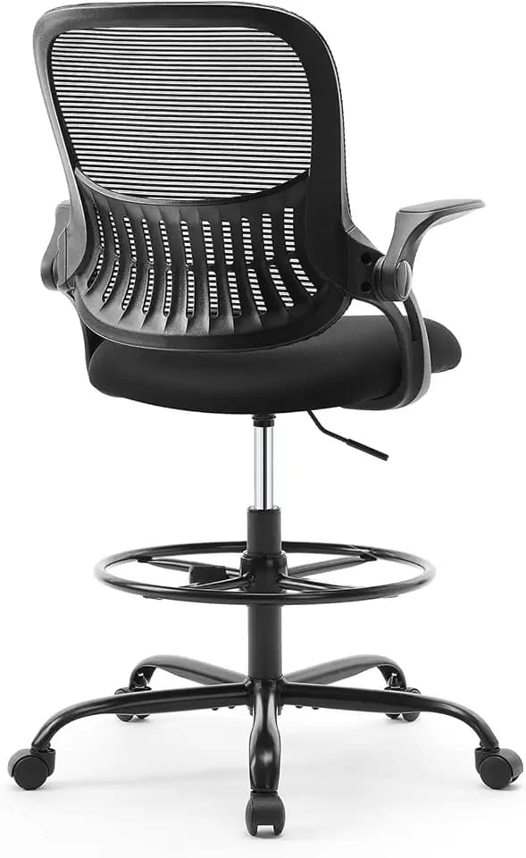 Sweetcrispy Tall Drafting Desk Chair - Ergonomic High Stool Computer with Adjustable Height and Comfy Lumbar Support, Office Rolling Counter with Flip-up Arm and Footrest, Black