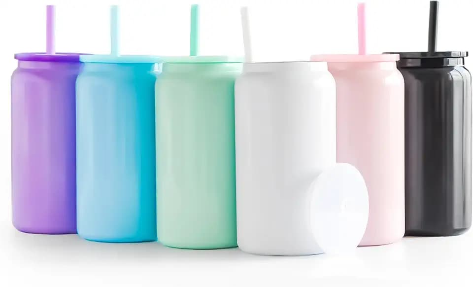 Stainless Steel Cups with Lids and Straws, 16 oz, 6 Pcs, Bright Color