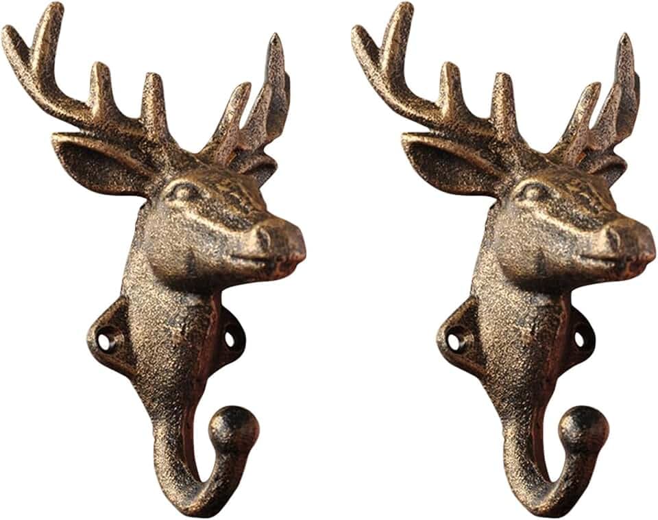 Rustic Double Hook, Cast Iron Deer Head Wall Hook Vintage Metal Wall Mounted Coat Hook Home Decor Animal Shaped Key Coat Hat Hooks Towel Living Room Bathroom Room Decoration (Coffee-2PCS)