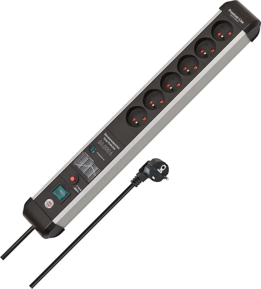 Brennenstuhl Premium-Protect-Line Steckdosenleiste 6-fach, 3m | Mit Überspannungsschutz 60.000 A, mit Schalter, Made in Germany, silber/schwarz