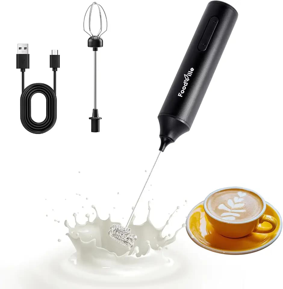 FoodVille MF05 Rechargeable Milk Frother USB Charging Handheld Foam Maker with Stainless Balloon Whisk for Cappuccino, Latte, Bulletproof Coffee, Keto Diet, Protein Powder, Matcha (Black)