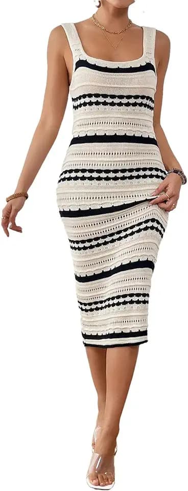 Women Spaghetti Strap Summer Sleeveless Knit Streiped Long Dresses
