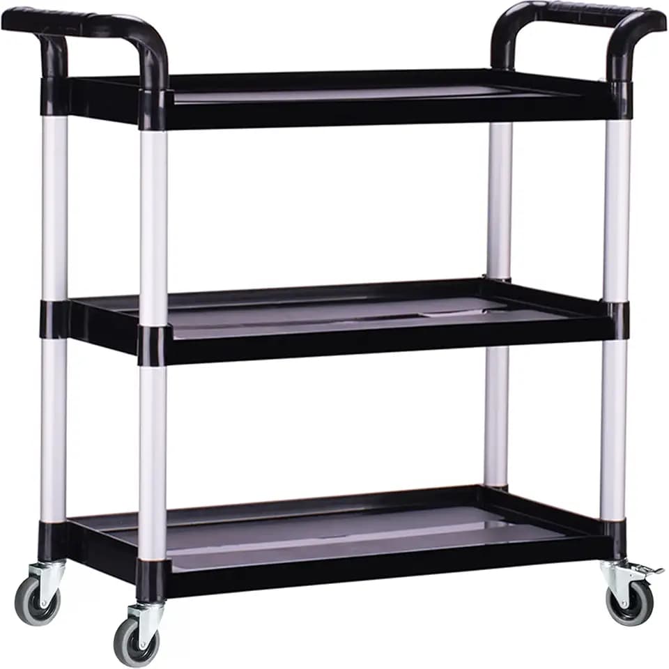 Plastic Utility Carts with Wheels, Heavy Duty 510lbs Capacity Rolling Service Cart, 3-Tier Restaurant Food Cart with Hammer for Office, Warehouse, Garage (2 Lockable Wheels, Black)
