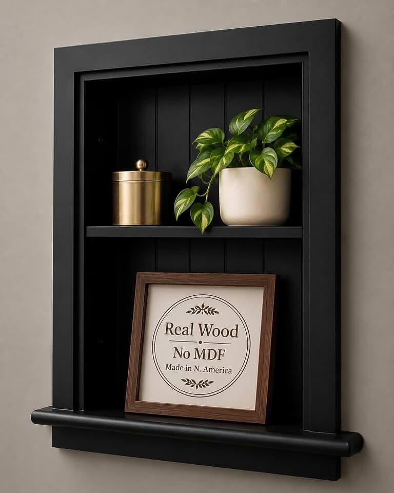 14x18 Aiden Recessed Wall Niche Medicine Cabinet Replacement, in The Wall Bathroom Cabinet Insert Shelf/Shelves, Made in North America, Real Wood, NO MDF, Beadboard, Black