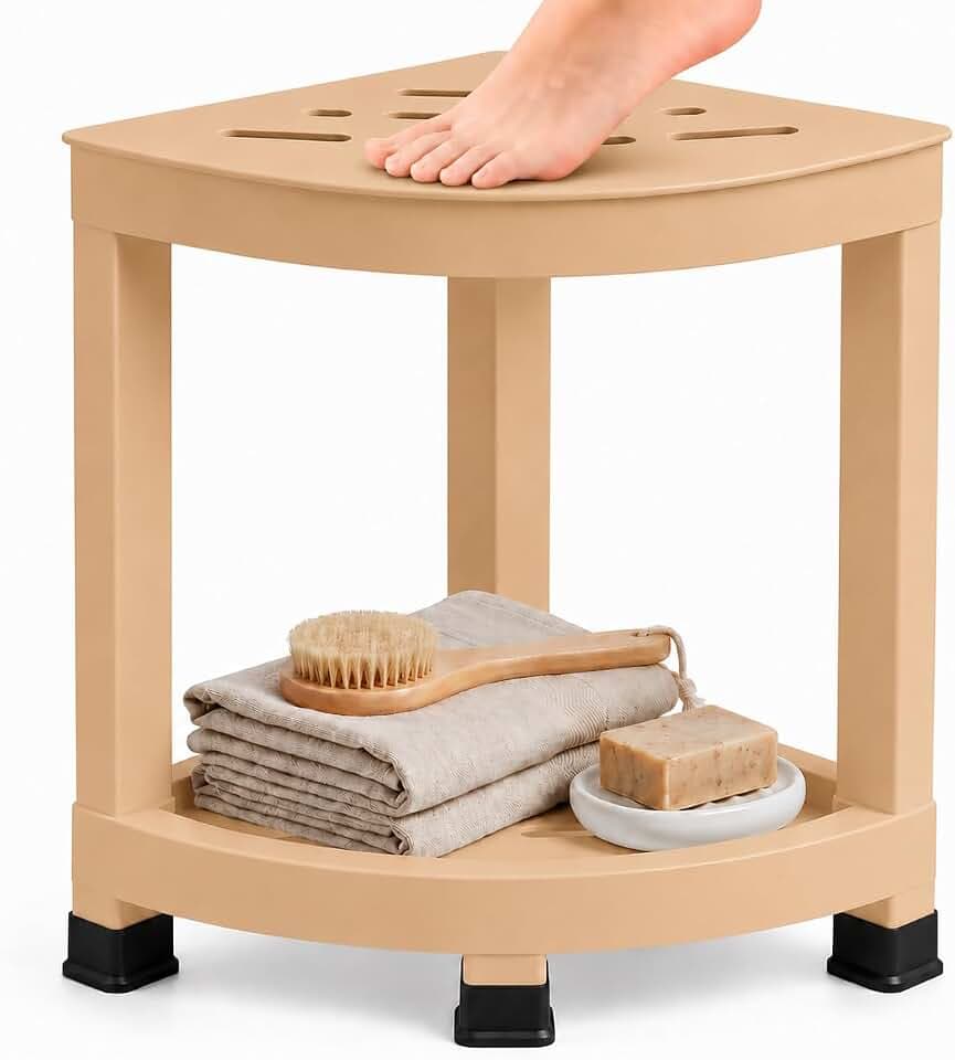 Shower Foot Rest 16in, HIPS Shower Stool for Inside Shower, Waterproof Corner Shower Stool with Storage Shelf for Inside Small Shower Spaces, (Yellow)