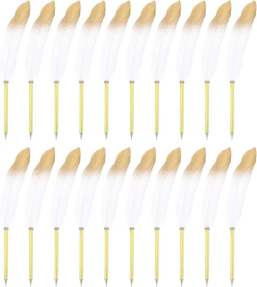 PATIKIL 20 Pcs Feather Ballpoint Pens Bulk 0.5mm Ink Vintage Plated Rod Quill Writing Pens for Office, Wedding Guest Signature, White