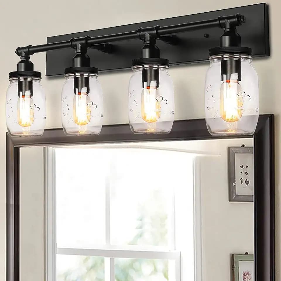 Bathroom Vanity Light Fixtures, Industrial Black Vintage Wall Sconces with Glass Mason Jar Shades (4 Light)
