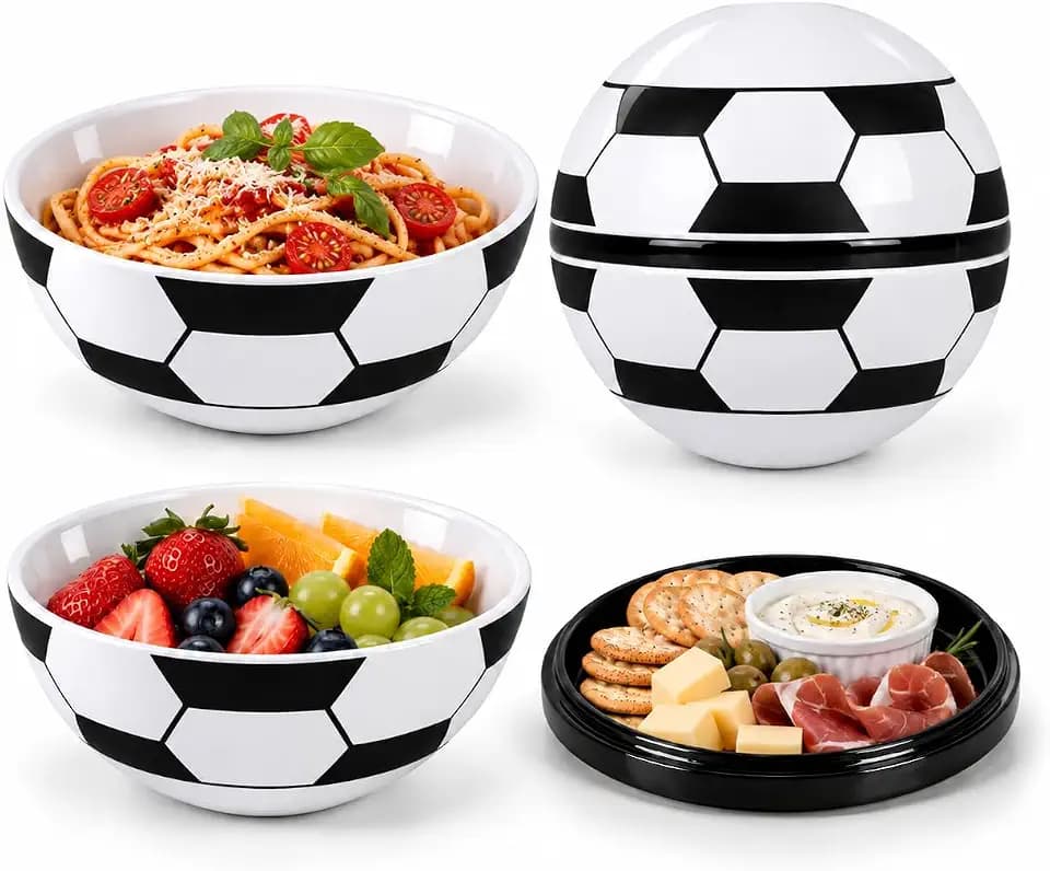 Soccer Bowl & Plate Set, 3-Piece Lightweight Melamine Dinnerware