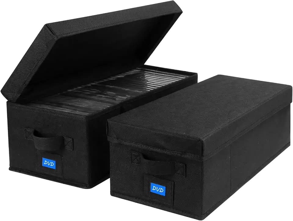 DVD Storage Box with Handles and Lid – DVD Case Holder Organizer with External Label Slots, Stackable DVD Storage Case for Dust-Free and Space-Saving Media Storage,2Pack-Black